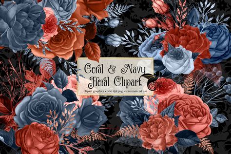 Coral And Navy Floral Clipart By Digital Curio