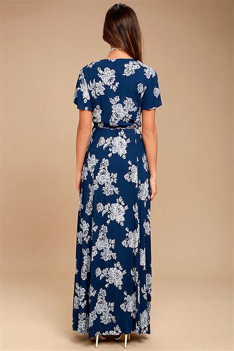 Lovely Navy Blue Floral Print Dress Wrap Dress Maxi Dress 6800