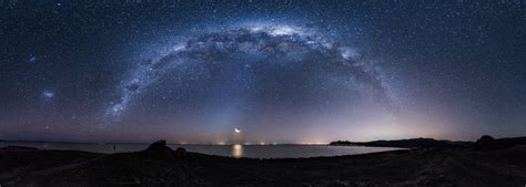 Big Panorama Of The Milky Way Rising And The Moon Setting