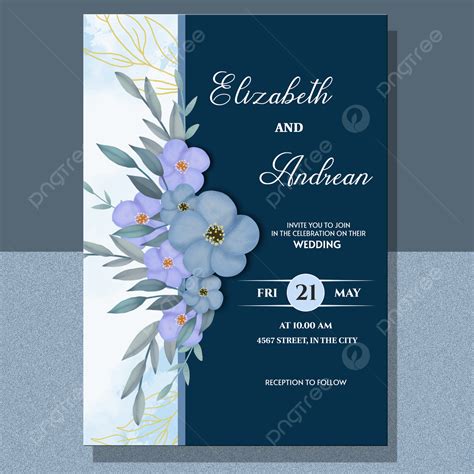 Elegant Blue Wedding Invitation Template With Beautiful Flower Template