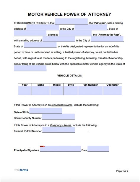 Free Motor Vehicle Power Of Attorney Forms Pdf Word