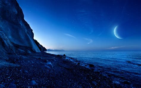 Nightfall Mountain Sea Moon Blue Night Wallpapers Hd