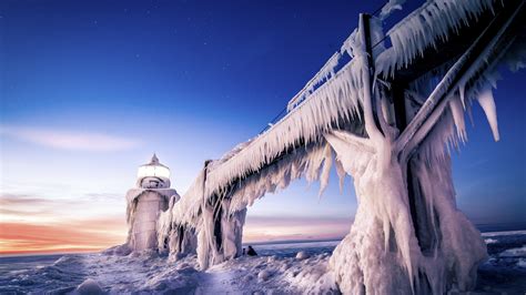 Lighthouse Beach In Winter Ice Windows 10 Hd Wallpaper Preview