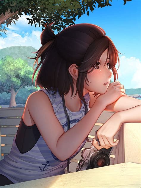anime girl summer cannon looking away semi realistic beach sky profile view for apple