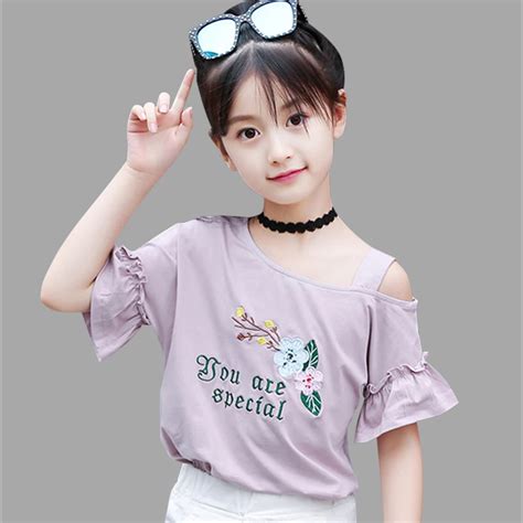Girls Summer Shirts Off Shoulder Floral T Shirt Kids Casual T Shirts