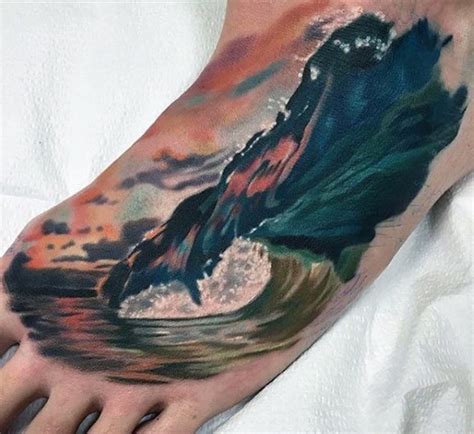 Realistic Looking Multicolored Big Ocean Wave Tattoo On Foot