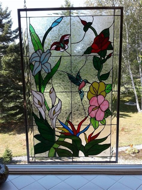 Lovely Colorful Hummingbirds And Flowers Stained Glass Panel Hung In A