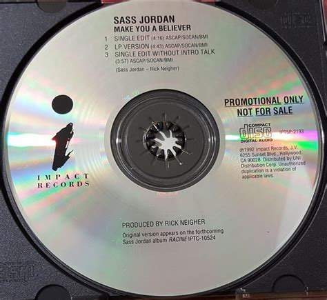 Sass Jordan Make You A Believer 1992 Cd Discogs