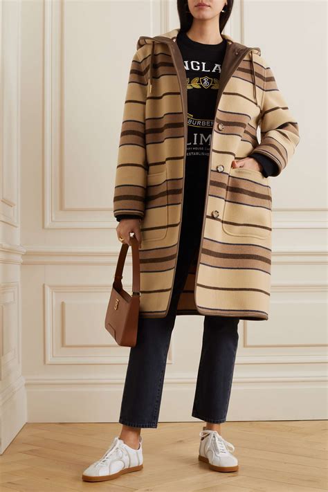 Brown Hooded Striped Leather Trimmed Wool Coat Burberry Net A Porter
