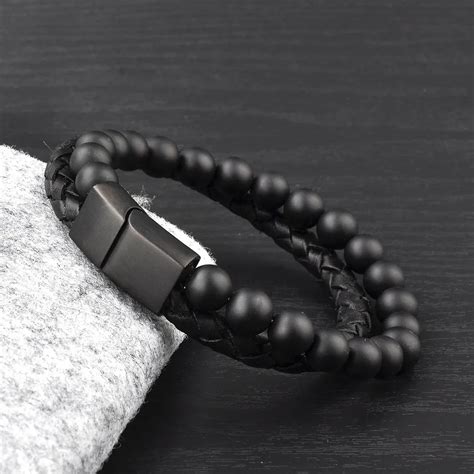 Fashion Jewelry Black Leather Round Stone Bead Design Cool Bracelets
