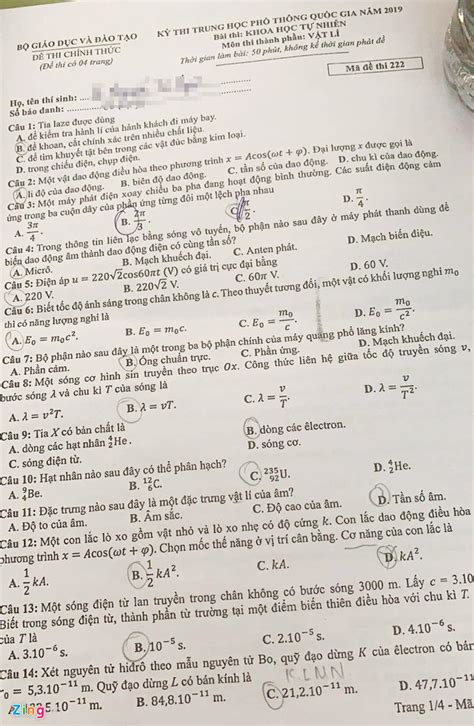 Chiều 7/7, thí sinh tiếp tục làm bài thi tốt nghiệp trung học phổ thông năm 2021 môn toán. Đề thi THPT quốc gia môn vật lý năm 2019