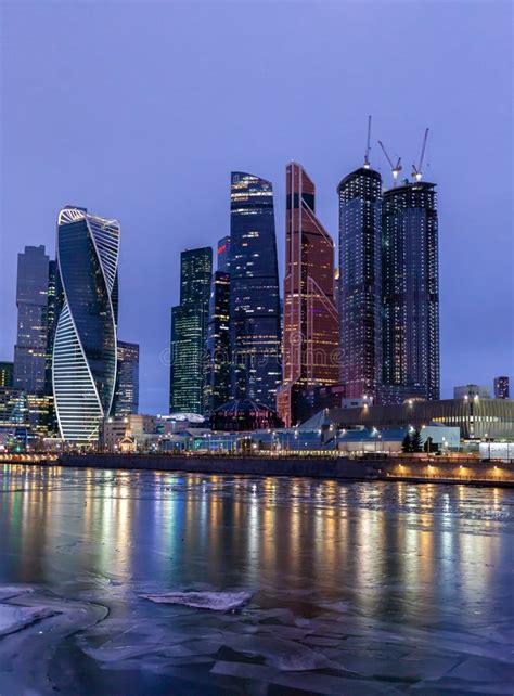 Moscow City Skyscraper Buildings With Windows Night View Stock Photo