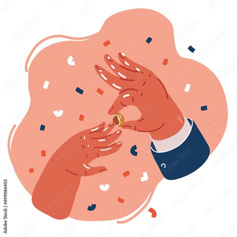 Vector Illustration Of Man Hands Placing An Engagement Ring On The Ring Finger Of The Female