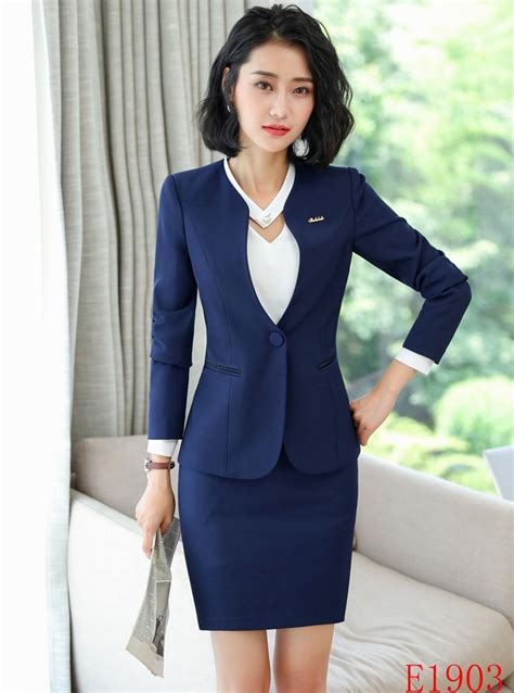 Formal Navy Blue Blazer Women Business Suits With Skirt And Jacket Sets