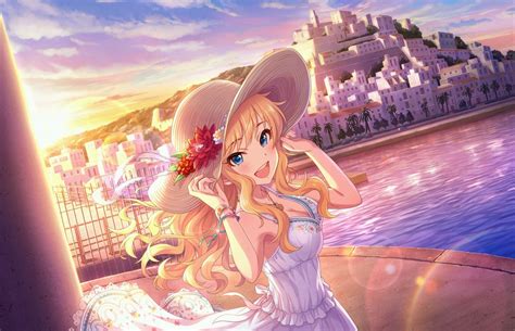 Blondehair Blueeyes Breasts Building City Cleavage Dress Flowers Hat Idolmaster Idolmaster