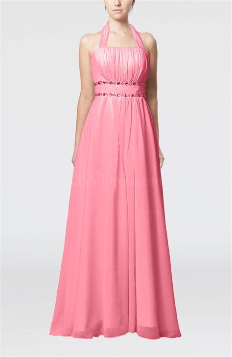 Pink Elegant Destination Empire Halter Sleeveless Chiffon Floor Length Bridal Gowns