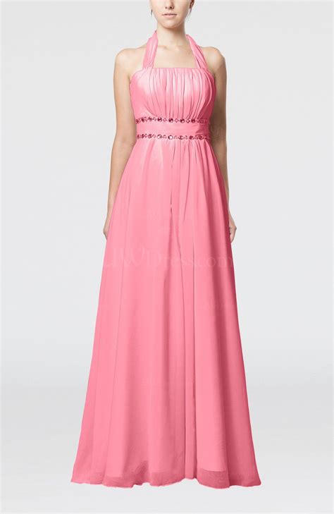 Pink Elegant Destination Empire Halter Sleeveless Chiffon Floor Length