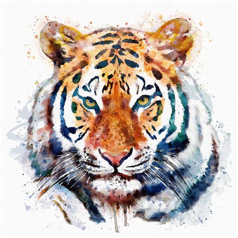 Tiger Head Watercolor Mixed Media By Marian Voicu