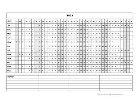 2022 Blank Landscape Yearly Calendar Template Free Pertaining To