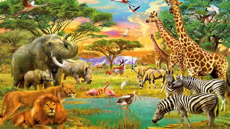 african animals jungle lion zebra giraffe elephants flamingo art wallpaper hd