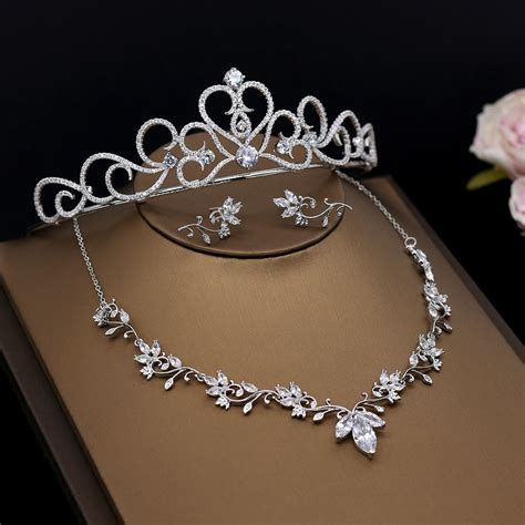 Micro Paved Zircon Crown Tiara Bridal Wedding Jewelry Sets Marquise Cut