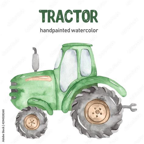 Watercolor Green Tractor Clipart On White Background Stock Illustration