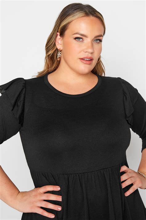 Plus Size Black Frill Knitted Peplum Top Yours Clothing