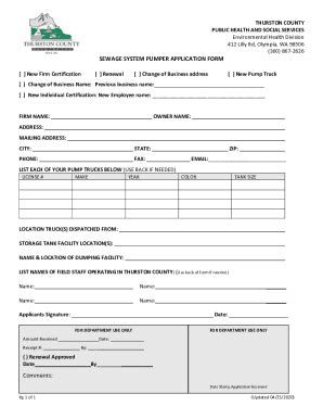 Fillable Online Sewage System Pumper Application Form Thurston County