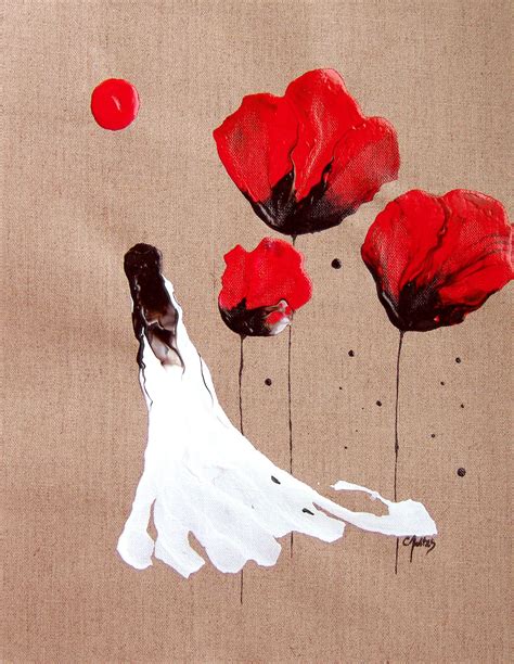 Lady Of The Poppies Painting Abstract Red Black White Woman Surreal