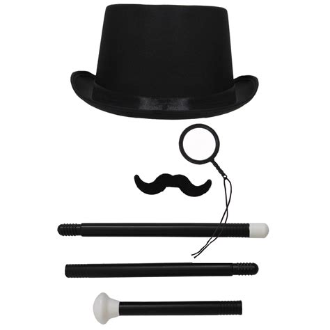 Victorian Costume Set Black Top Hat Monocle Moustache Cane Historic