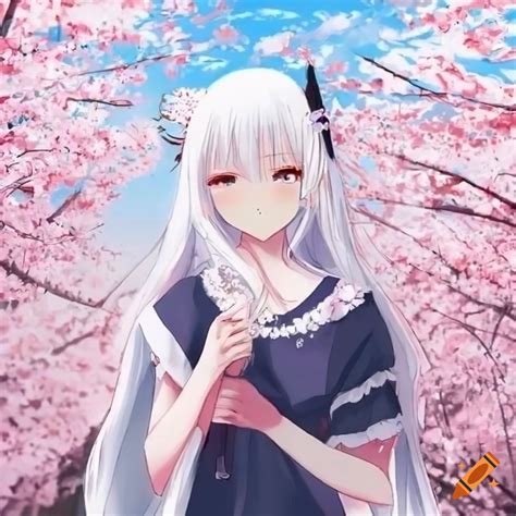 Anime Girl With White Hair Surrounded By Cherry Blossoms