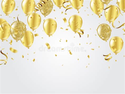 Gold Balloons Confetti And Streamers On White Background Vector