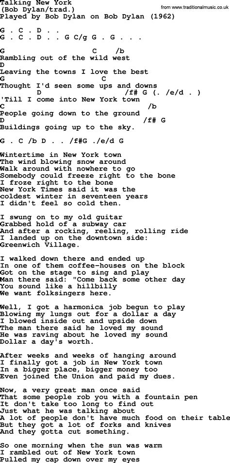 Bob Dylan Song Talking New York Lyrics And Chords