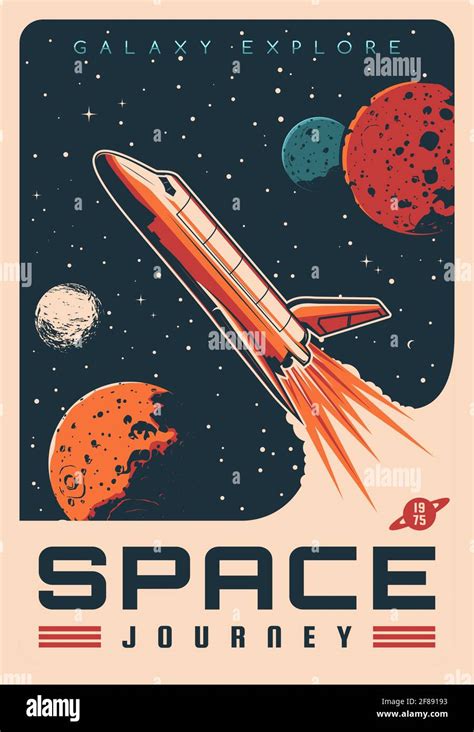 Space Journey With Shuttle Spaceship Retro Vector Banner Rocket Flying