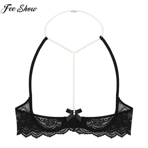 Womens Sexy Open Cups Bra Lingerie Halter Lace Underwired Brassiere Exotic Tops Exposed Nipples