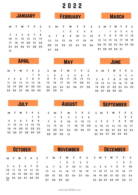 Printable 2022 Year Calendar