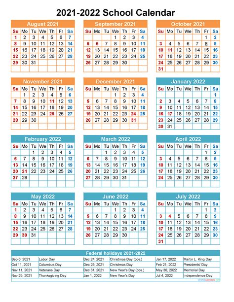 School Calendar 2021 And 2022 Printable Portrait Template Noscl22a22