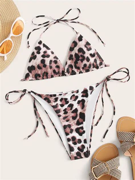 Leopard Halter Top With Tie Side Bikini Set SHEIN Side Tie Bikini