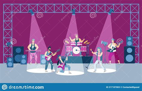 Scene Of Performance Of Rock Band On Stage Cartoon Flat Vector