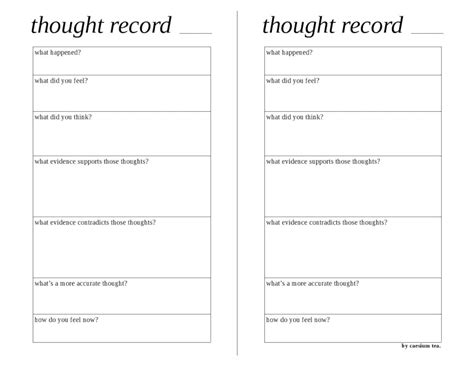 Simple Horizontal Thought Record Worksheet For Cognitive Behavioral