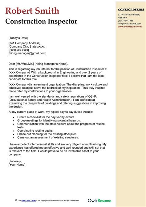 Construction Inspector Cover Letter Examples Qwikresume