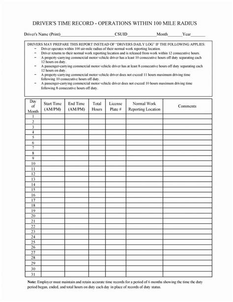 Drivers Time Record Sheet And 50 Printable Driver S Daily Log Books