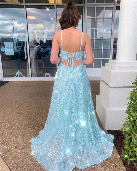 Spaghetti Straps Sky Blue Prom Dress With Slit Sparkly A Line Formal D Okdresses