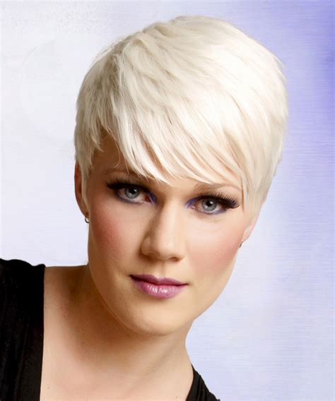 Short Straight Light Platinum Blonde Hairstyle With Side Swept Bangs