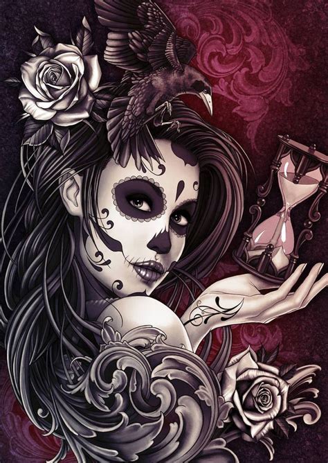 Day Of The Dead Girl With Sand Timer And Roses Art Print Sugar Skull