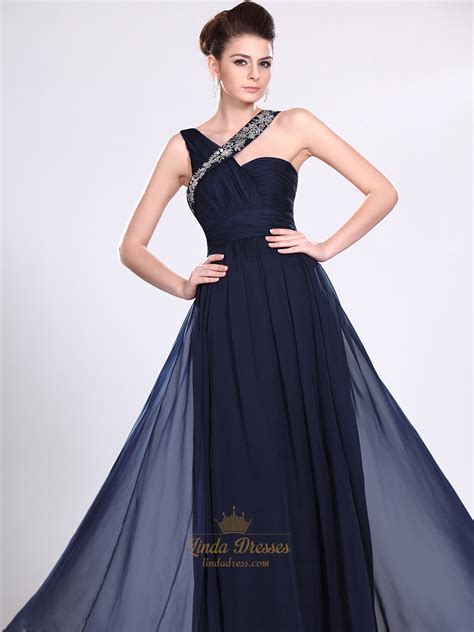 Navy Blue Chiffon Bridesmaid Dress With Ruched Bodice And