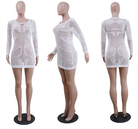 Bkld See Through Mini Dress Long Sleeve Vneck Crochet Dress For Women 2018 Sexy Skinny Party
