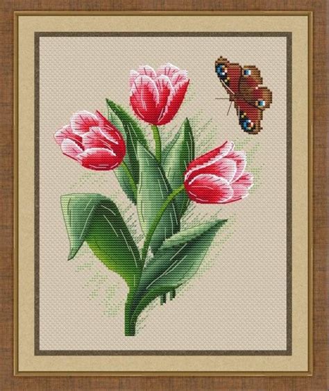 Tulips With A Butterfly Counted Cross Stitch Pattern Spring Tenderness
