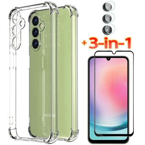 3 En 1 Verre Tremp Coque Samsung A24 A34 A54 Case Souple Clair Antichoc