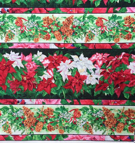 Christmas Border Print Fabric By The Yard Red Poinsettia Etsy